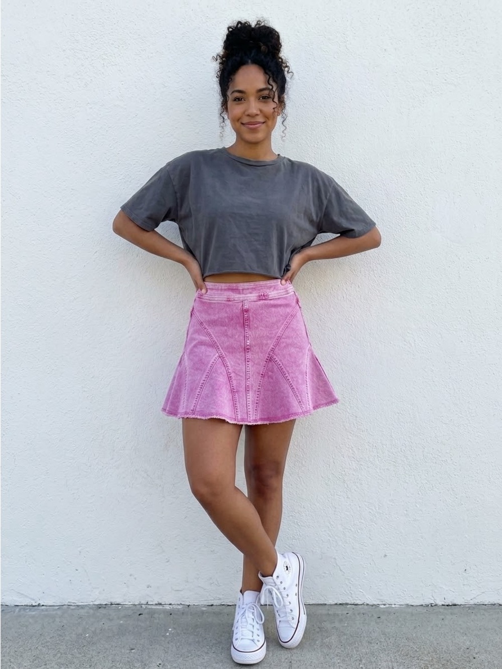 PILCRO Anthropologie Pink Acid Wash Denim Flared Mini Skirt Sz 0 Y2K Raw Hem